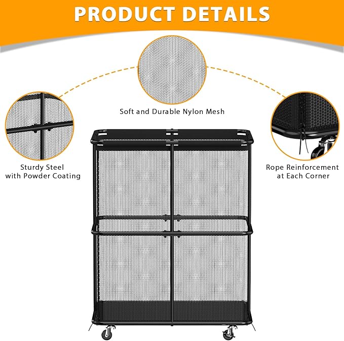 HEOMU Ball Storage Bin Rolling Garage Ball Storage Cart with Lockable Wheels, Metal Frame Mesh