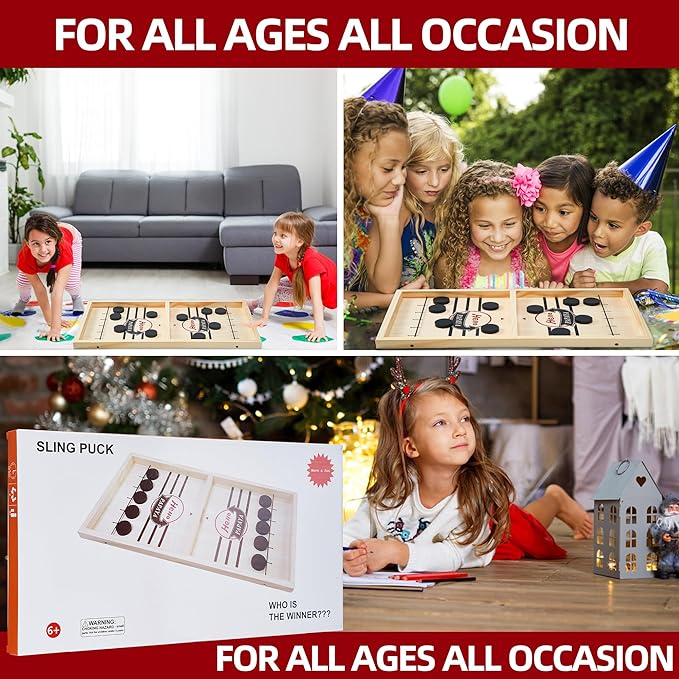 Foldable Fast Sling Puck Game with Chess Board and Checkers Board, Tic Tac Toe. Wooden Air Hockey