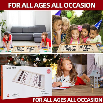 Foldable Fast Sling Puck Game with Chess Board and Checkers Board, Tic Tac Toe. Wooden Air Hockey
