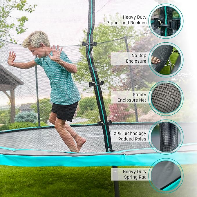 SKYWALKER TRAMPOLINES 12 FT 15 FT Round Trampoline with Safety Enclosure Net, 9 x 15 FT Rectangle