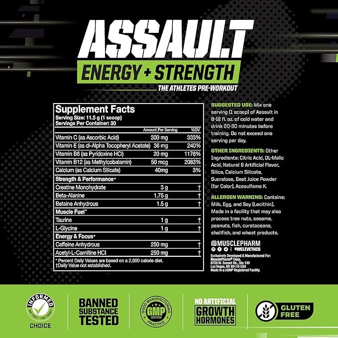 Muscle Pharm Assault Energy & Strength Pre Workout Powder for Men & Women with Beta Alanine