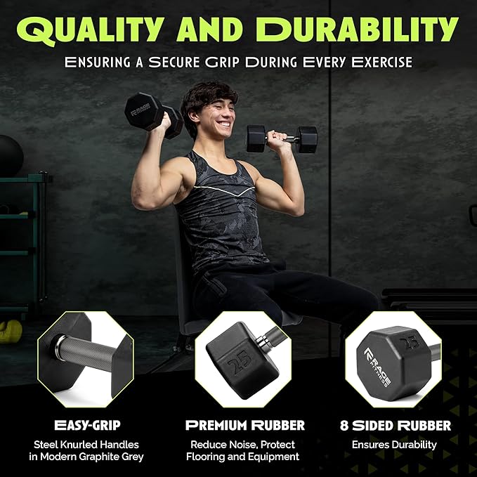 Rubber Coated Dumbbells - No Roll Design Easy-Grip Steel Knurled Handle, Weights Dumbbells Set for