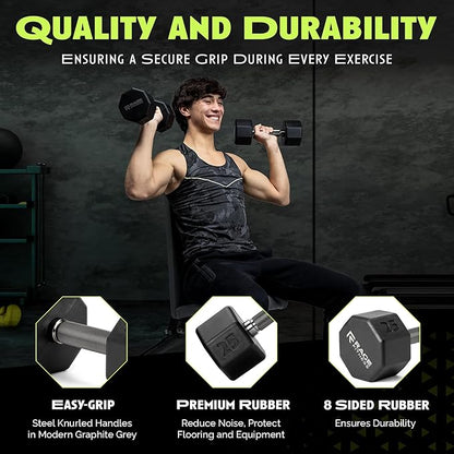 Rubber Coated Dumbbells - No Roll Design Easy-Grip Steel Knurled Handle, Weights Dumbbells Set for