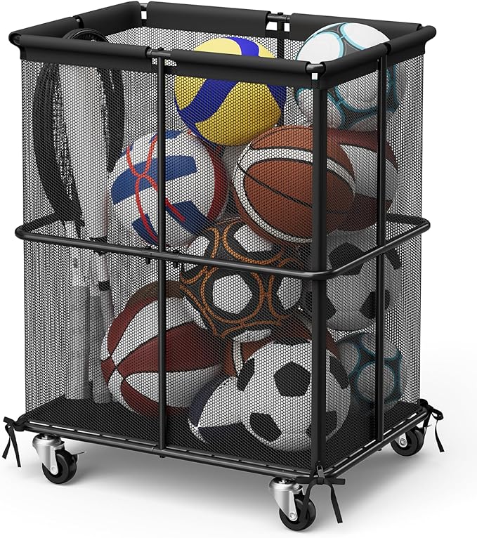 smusei Ball Storage Bin Rolling Sports Ball Storage Cart Garage Sports Equipment Organizer Rack