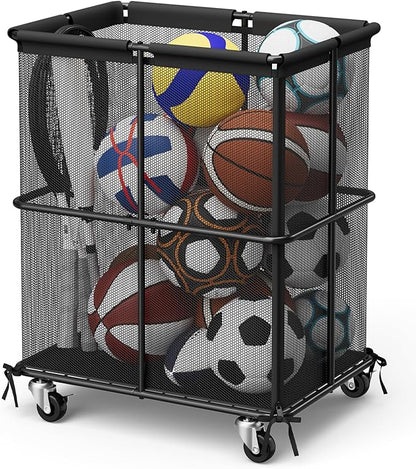 smusei Ball Storage Bin Rolling Sports Ball Storage Cart Garage Sports Equipment Organizer Rack