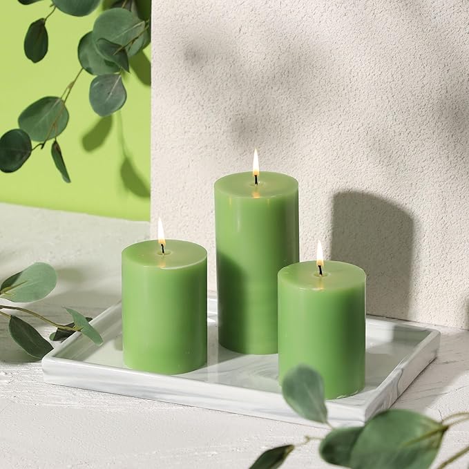 3x6 Inch Green Pillar Candles Set of 3 - Decorative Unscented Pillar Candle, Long Burning Dripless