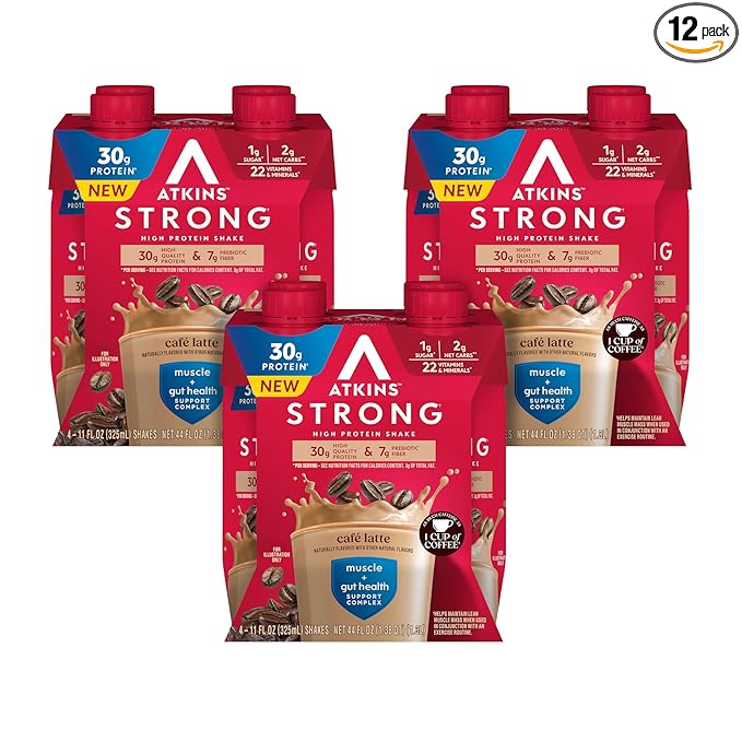 Atkins Strong High Protein Shake, Café Latte, 30g Protein, 7g Prebiotic Fiber, Muscle & Gut Health