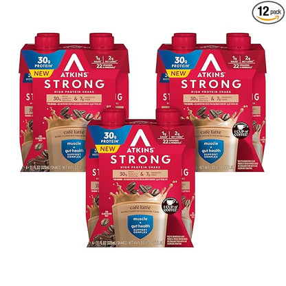 Atkins Strong High Protein Shake, Café Latte, 30g Protein, 7g Prebiotic Fiber, Muscle & Gut Health