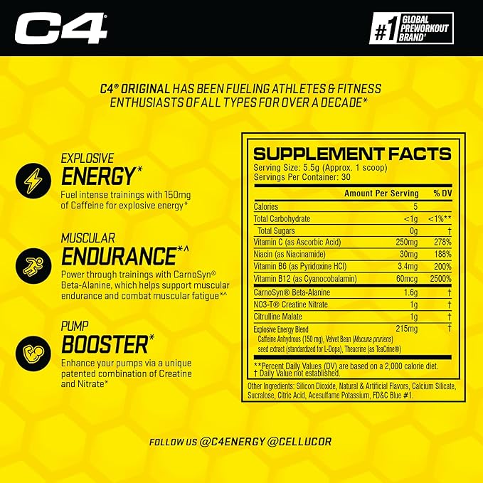 Cellucor C4 Original Pre Workout Powder Frozen Bombsicle Sugar Free Preworkout Energy for Men &