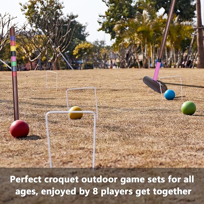 8 Players Croquet Set with 32In Regulation | 28In Standard Size Rubber Wood Mallets, Colored PE