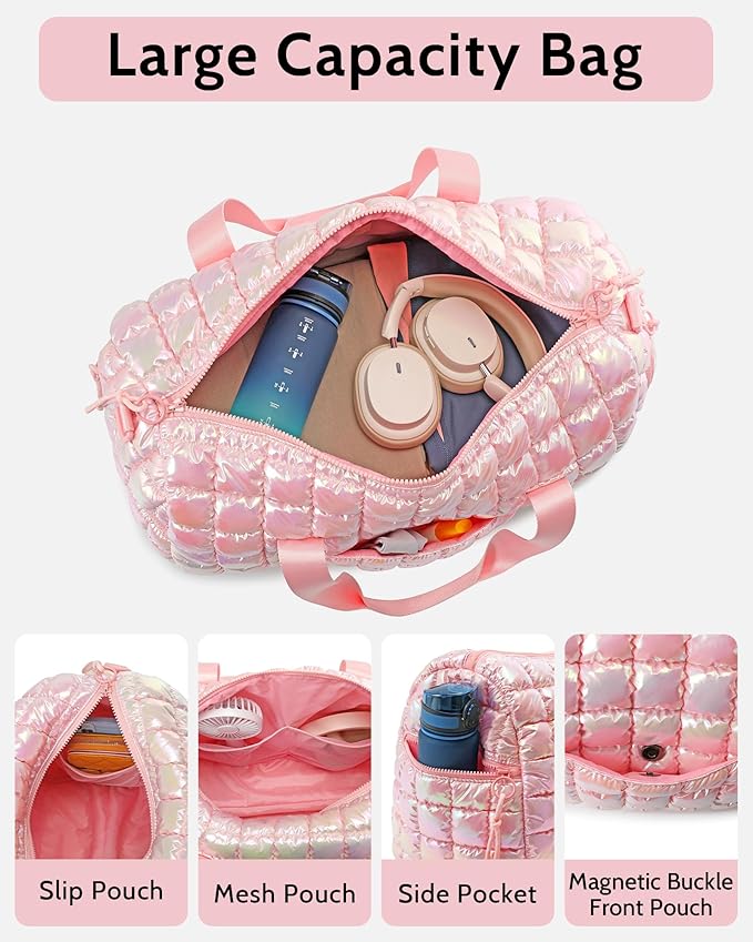 Quilted Duffel Bag for Women, Puffer Gym Duffle Bag with Shoe Compartment Lightweight Large