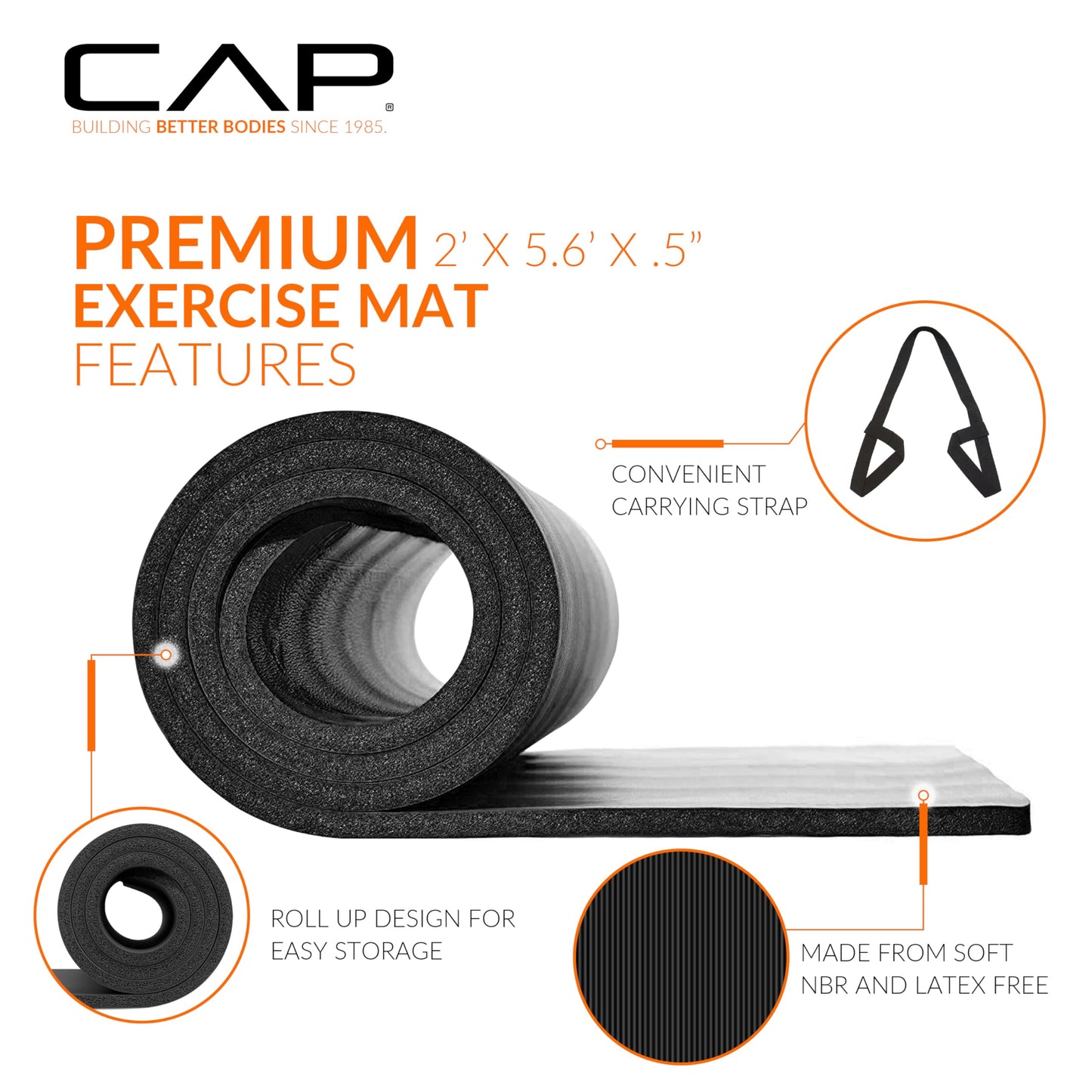 CAP Barbell Yoga Mat 1/2" Thick with Carrying Strap - High Density Exercise Mat for Yoga, Pilates