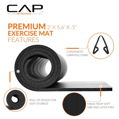CAP Barbell Yoga Mat 1/2" Thick with Carrying Strap - High Density Exercise Mat for Yoga, Pilates