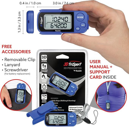 3DTriSport Walking 3D Pedometer with Clip & Strap, eBook Included | 30 Days Memory, Accurate Step