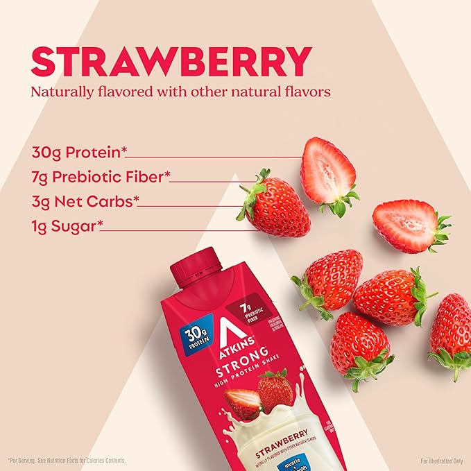 Atkins Strong High Protein Shake, Strawberry, 30g Protein, 7g Prebiotic Fiber, Muscle & Gut Health
