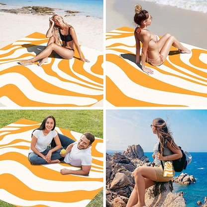 Yellow Beach Blanket, Sand Free Waterproof Outdoor Beach Mat with 4 Stakes & Pockets, 78''×86''