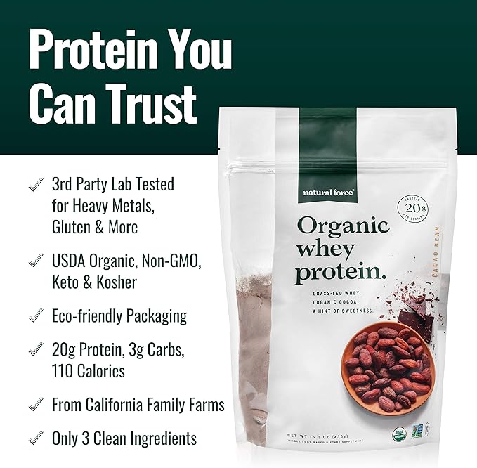 Natural Force Whey Protein Powder ??Chocolate ??Grass Fed Organic, Pure, Keto & Paleo Friendly, Low