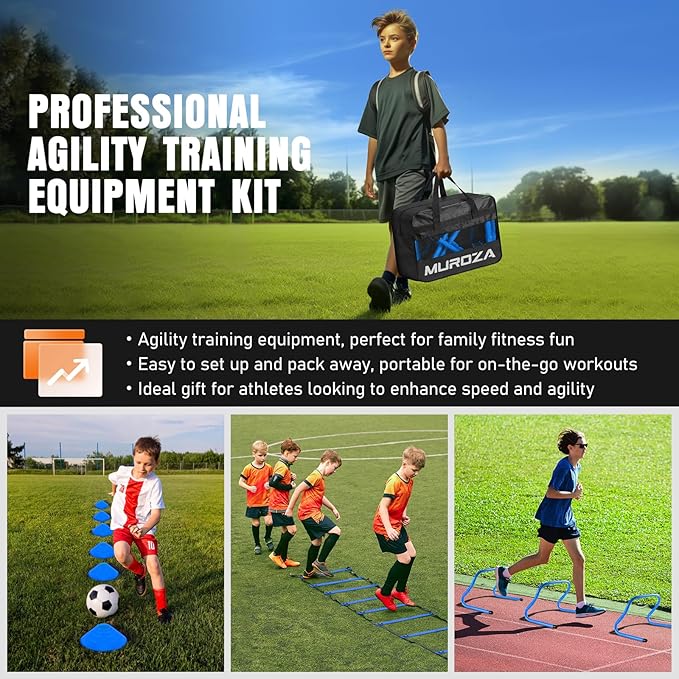 Agility Ladder, Speed Training Equipment Set, 20ft Agility Ladder, 12 Soccer Cones, 4 Hurdles, Jump