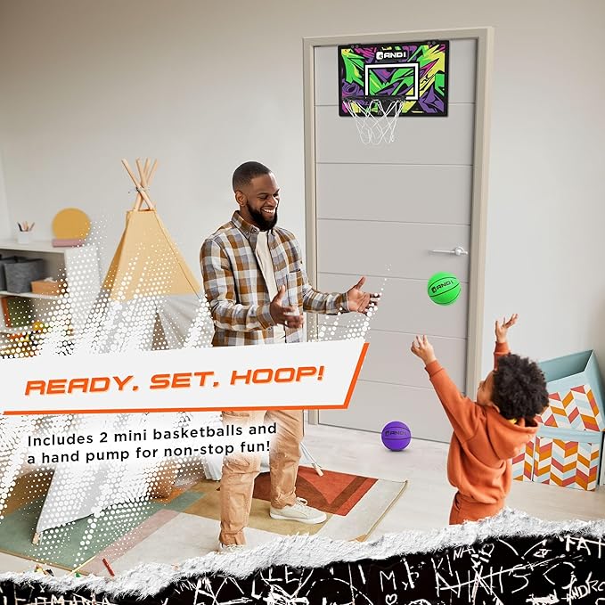 AND1 Over the Door Mini Basketball Hoop: 18x12 Shatterproof Backboard, 2 Mini Basketballs, and Hand