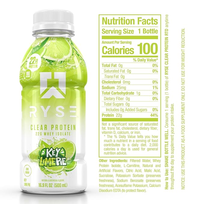 RYSE Clear Protein Shake - Key Lime Pie - 100 Calories, 22g Whey Isolate Protein, Sugar-Free, 0g