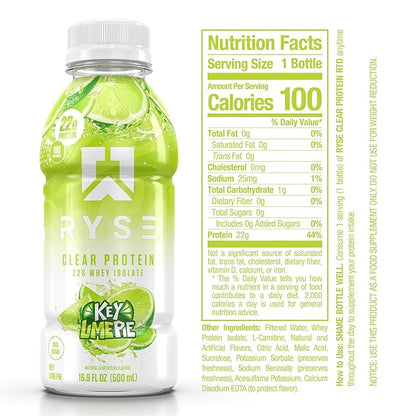 RYSE Clear Protein Shake - Key Lime Pie - 100 Calories, 22g Whey Isolate Protein, Sugar-Free, 0g