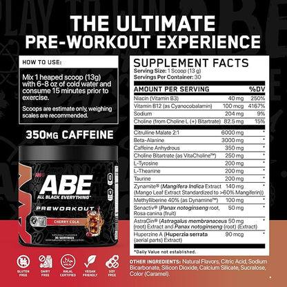 All Black Everything Pre Workout Powder | 30 Servings | Cherry Cola | 350mg Caffeine | Nootropic