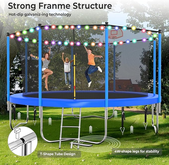 Upgraded 16FT 15FT 14FT 12FT 10FT 8FT Trampoline Outdoor with Basketball Hoop and Net, Capacity for