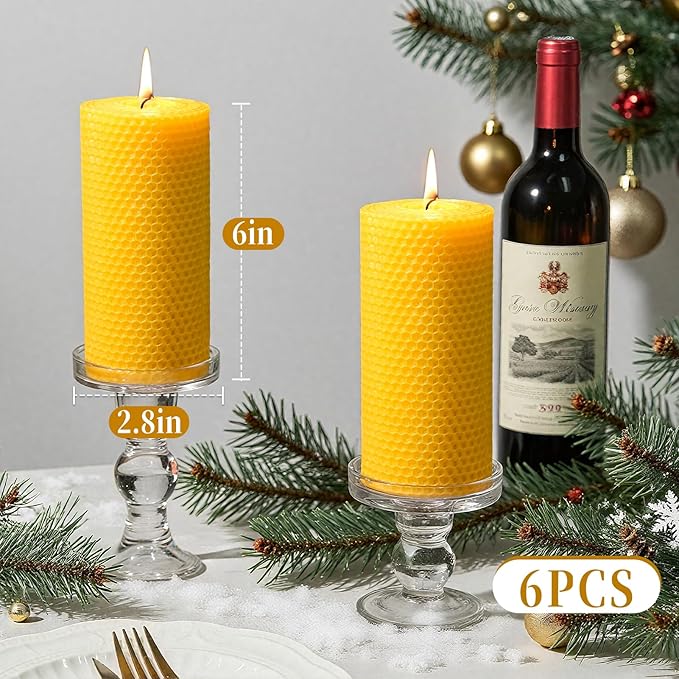 6 Pack Natural Beeswax Pillar Candles,2.8x6in Handmade Beeswax Rolled Candles,258 Hours Long