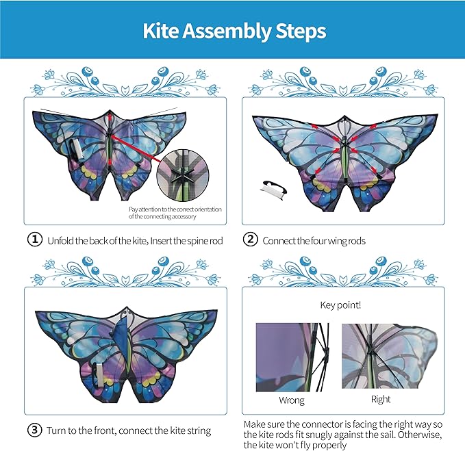 Simxkai Butterfly Kite for Kids & Adults, Easy to Fly Blue Big Kite for Beginners, Line Handle