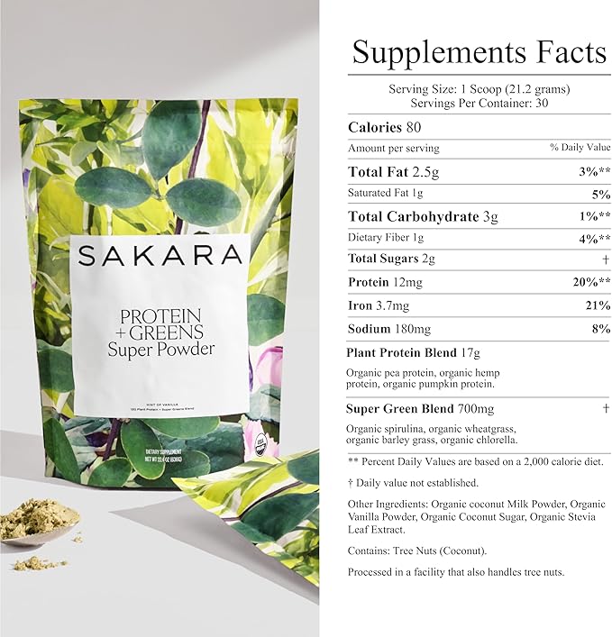 SAKARA Protein + Greens Super Powder ??30 Servings, Organic Plant-Based Blend with Hemp, Pumpkin