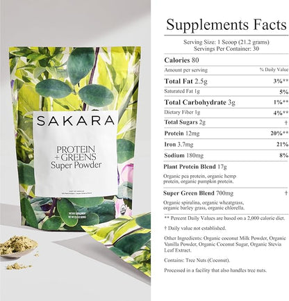 SAKARA Protein + Greens Super Powder ??30 Servings, Organic Plant-Based Blend with Hemp, Pumpkin