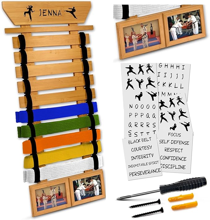 Karate Belt Display Rack - Bamboo 10 Taekwondo Belt Display with Customization Stickers, 2 Picture