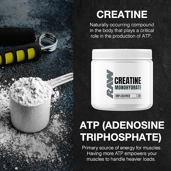 RAW Nutrition Creatine Monohydrate Powder, Unflavored (30 Servings) - Micronized Creatine