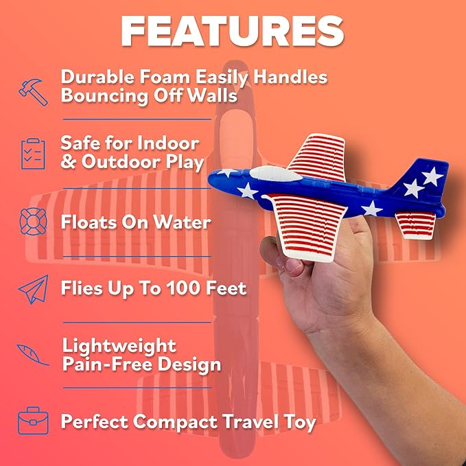 Airplane Toys for Kids: Stars & Stripes Foam Glider Plane Toy For Boys & Girls - USA Flag Design