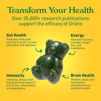 Gruns Adults Super Greens Gummies, Multivitamin Superfood Gummy Bears with Spirulina, Chlorella
