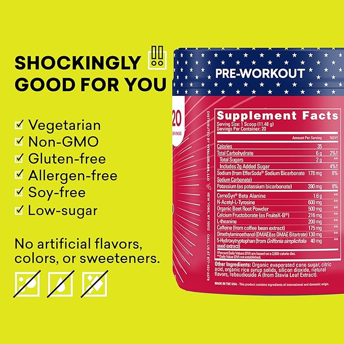 EBOOST POW Natural Pre Workout Powder - 20 Servings - Patriot Pop - Pre Workout Supplement for