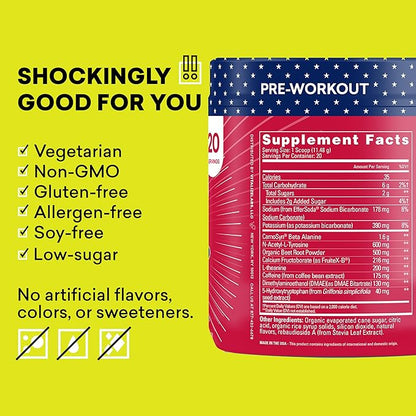 EBOOST POW Natural Pre Workout Powder - 20 Servings - Patriot Pop - Pre Workout Supplement for
