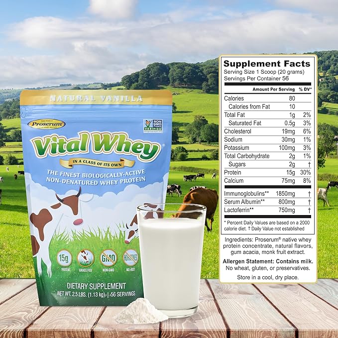 Grass-Fed Whey Protein Powder for Immune Vitality, Natural Vanilla 2.5lbs (56 Servings), 15g