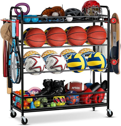 Garage Sports Equipment Organizer - Rolling Ball Storage Bin with Wheels, Garage Sports Gear Rack