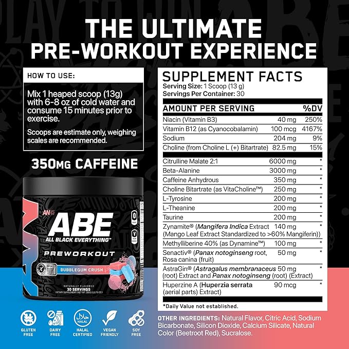 All Black Everything Pre Workout Powder | 30 Servings | Bubblegum Crush | 350mg Caffeine |