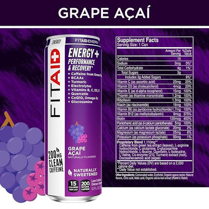 LIFEAID FITAID Energy Grape AÇAI, 200mg Natural Caffeine, Keto, Pre-Workout Performance: BCAAs