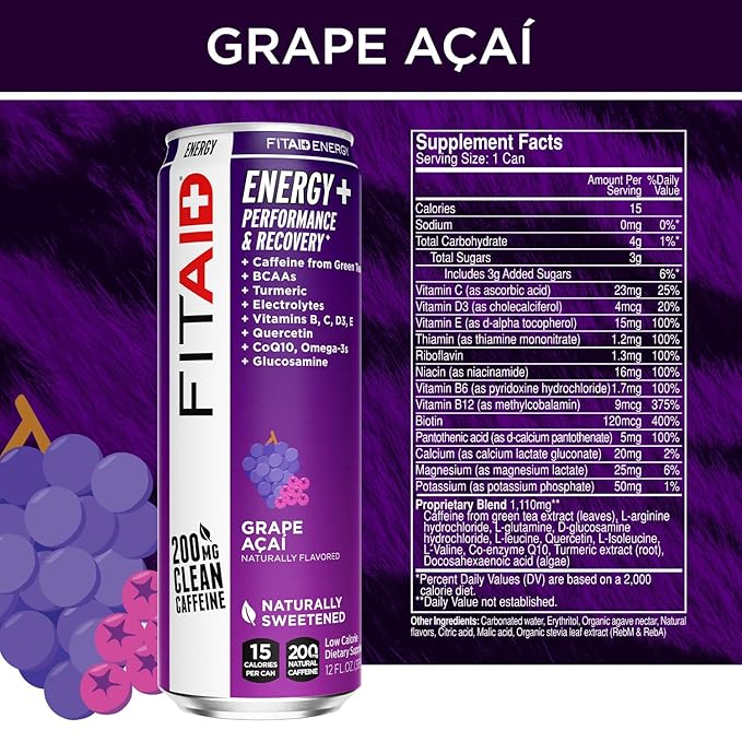 LIFEAID FITAID Energy Grape AÇAI, 200mg Natural Caffeine, Keto, Pre-Workout Performance: BCAAs