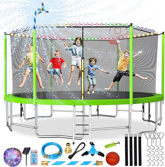 Upgraded 10/12/14/15/16FT Trampoline Outdoor, Large Kids Trampoline with Light, Stakes, Sprinkler