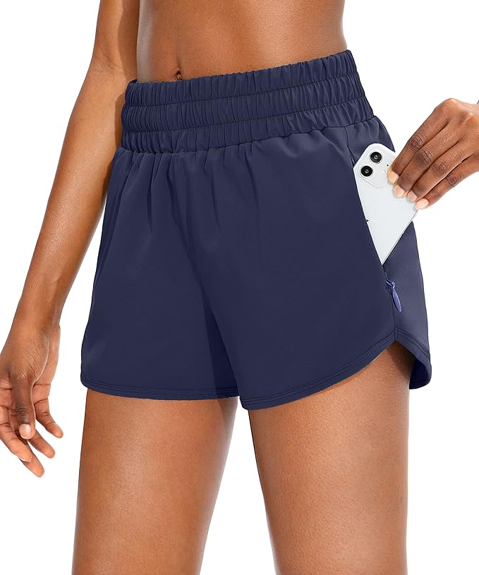SANTINY Women's Running Shorts with Zip Pockets High Waisted Athletic Workout Gym Shorts for Women