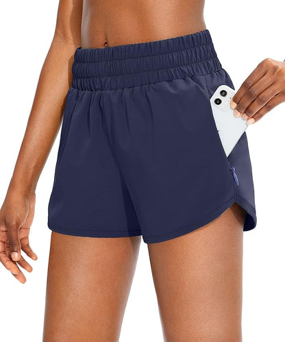 SANTINY Women's Running Shorts with Zip Pockets High Waisted Athletic Workout Gym Shorts for Women
