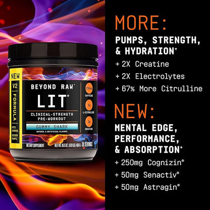 BEYOND RAW LIT V2 Clinical Strength Pre Workout Powder, Hits Harder, Bigger Pumps, Caffeine