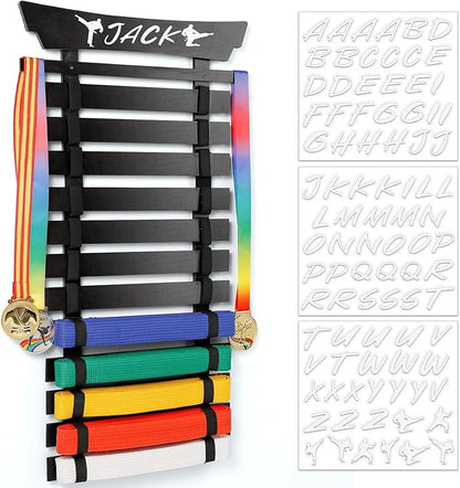 12 Belts Karate Belt Display Rack with Stickers, Martial Arts Belt Display Holder, Taekwondo Belt