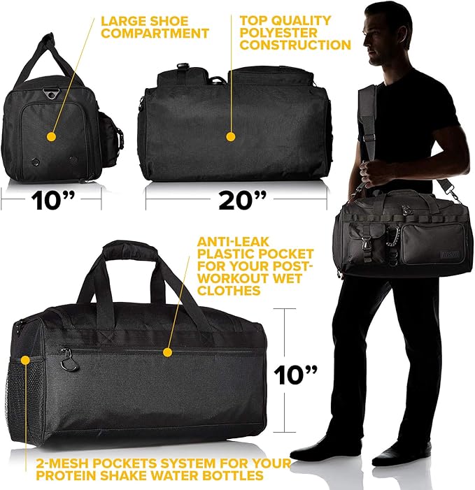 Fitdom 20" 32L Tactical Black Gym Duffle Bag with Shoe Compartment. Best Workout Bag For Men &