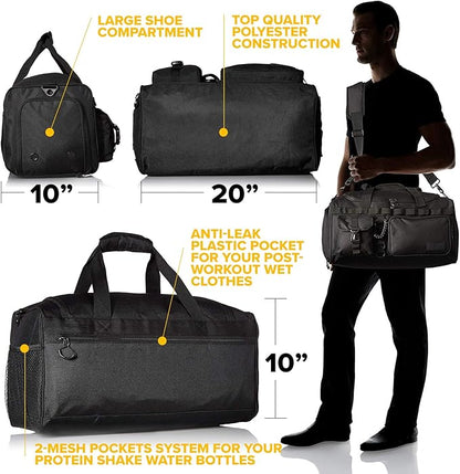 Fitdom 20" 32L Tactical Black Gym Duffle Bag with Shoe Compartment. Best Workout Bag For Men &