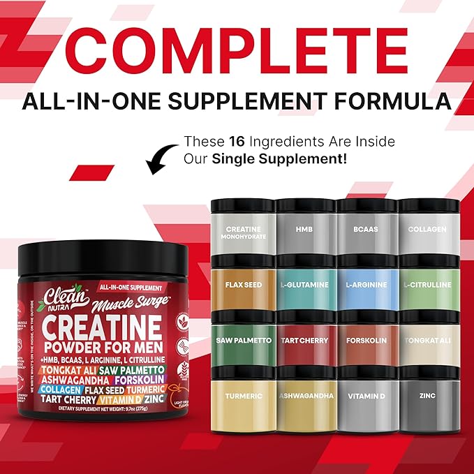 Clean Nutra Creatine Powder for Men + HMB BCAA L Arginine L Citrulline Tongkat Ali Saw Palmetto